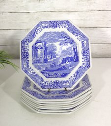 Set Of 6 Spode Italian Blue & White Octagon Plates  9.5 Dinner / Luncheon Plates