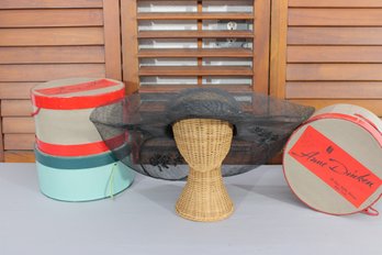 Vintage Whiteley Wide-Brim Hat  Dark Green Straw W/ Floral Accent & Original Box