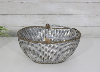 Vintage Silver Tone Woven Metal Basket W/ Handle  Decorative Serving Or Storage Basket