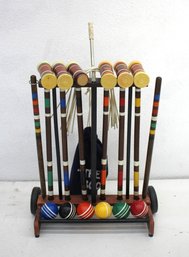 Complete Vintage Croquet Set With Mallets, Balls, Stakes, Wickets, And Rolling Stand