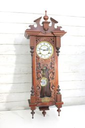 Vintage Korean Wall Regulator Clock  Carved Wood Case  Pendulum-34' H X 12.5' W X 7.5' D