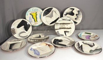 Set Of 11 Hand-Painted Ceramic Plates  Signed Loughran 1984  Abstract Modernist Style