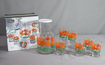 NEW-Vintage Mid-Century Anchor Hocking Orange Juice Glasses And Pitcher
