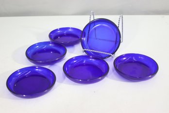 Set Of Six Vintage Cobalt Blue Glass Coasters  4.5 Round