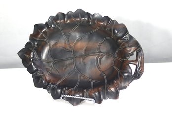 Hand-Carved Dark Wood Decorative Bowl With Leaf Motif  Minor Wear