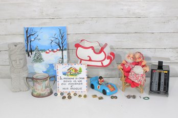 Vintage Decorative Mix Lot  Figurines, Santa Couple, Toy Car, Sleigh Planter, Art & Small Collectibles  AS Is