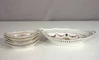 Antique German Reticulated Porcelain Serving Set  Floral & Romantic Scene
