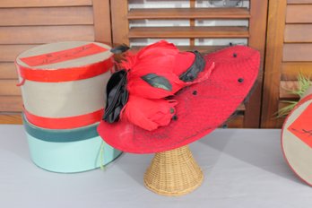 Vintage Red Wide-Brim Dress Hat W/ Black Bow & Netting  Classic Statement Style