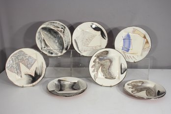 Set Of 7 Hand-Painted 9' Ceramic Plates  Signed Loughran 1984  Abstract Modernist Studio Art
