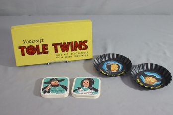 VINTAGE TOLE TWINS AMISH PIE TIN WALL HANGINGS And Coasters