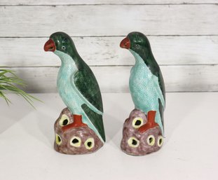 Vintage Hand Painted Ceramic Parrot Bird Figurines  Set Of 2  9 Tall