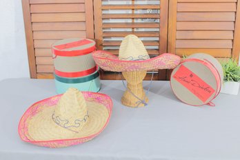 Vintage Straw Sombrero Hat  Wide Brim W/ Pink Trim & Blue Stitching