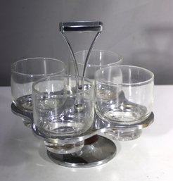 Mid-Century Modern Cocktail Glass Set With Chrome & Wood Stand