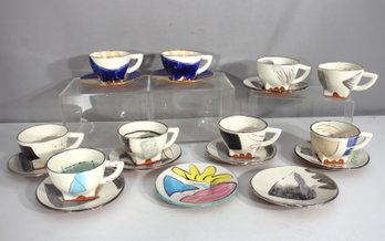 Set Of 9 Hand-Painted Ceramic Cups & 11 Saucers  Signed Loughran 1984  Abstract Modernist Studio Pottery