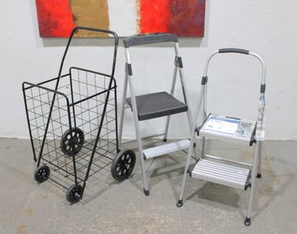 Lot Of 3 Utility Items  Rolling Cart, Step Ladder & Folding Step Stool