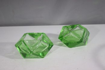 Vintage Green Cut Glass Ashtray Set  Geometric Diamond Shape