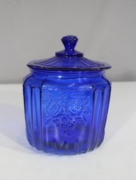 Vintage 7.5 Cobalt Blue Depression Glass Biscuit Jar With Lid  Floral Design