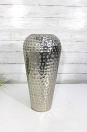 Hammered Silver Tone Metal Vase  Modern Decorative Accent  16' Tall