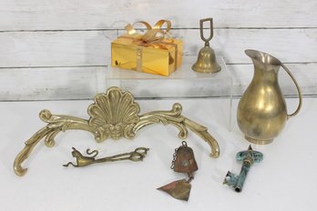 Vintage Brass & Metal Decor Mix Lot  Bell, Pitcher, Key, Wall Ornament, Candle Snuffer & Trinket Box  AS IS