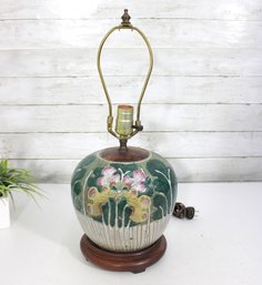 Art Pottery Table Lamp  Hand-Painted Floral Glaze  Wood Base  20' Tall