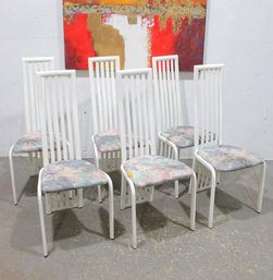 Set Of 6 White Metal Dining Chairs W/ Upholstered Seats  Modern Slat Back