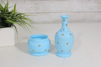 Vintage Blue Glass Vase & Jar Set W/ Gold Polka Dots  6' & 2.5' Decorative Art Glass