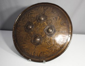 Antique Ornate Brass Shield With Floral Motif And Cloth Handle, 19th Century Style