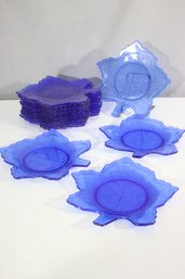 Vintage Cobalt Blue Glass Leaf-Shaped Plates  Set Of 12