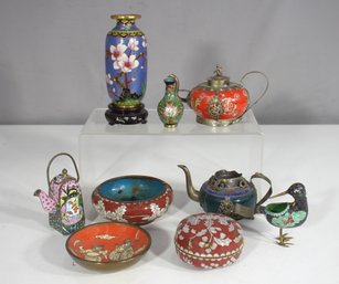 Antique Chinese Cloisonne & Enameled Metalware Lot  Teapots, Dishes & Figures