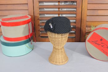 Vintage Black Womens Hat W/ Net Overlay & Rhinestone Accent  Ernie