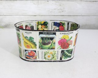 Vintage Style Floral Seed Packet Tin Planter  Oval Metal Container  9 Wide