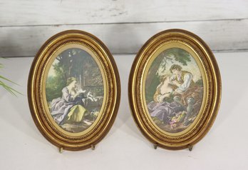 Pair Of Vintage Oval Framed Romantic Victorian Style Prints  Gold Frames  8.5 X 6.5