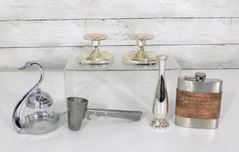 Vintage Barware & Silverplate Mix Lot  Flask, Candlesticks, Swan Dish, Shot Cup, Vase & Accessories  AS IS