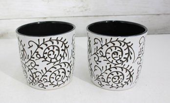 Set Of 2 Black & White Ceramic Planters  Scroll Pattern  6' Tall Pots
