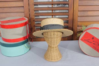 Vintage Straw Boater Hat  Natural Woven W/ Black Ribbon Band
