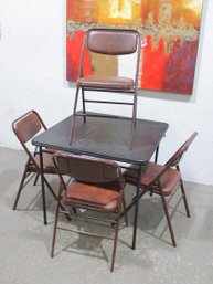 Folding Table W/ 4 Brown Padded Metal Folding Chairs  Event / Banquet Set