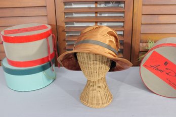Vintage Womens Satin Hat  Bronze/Gold Tone W/ Draped Detail & Wide Brim