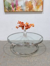Mid Century Modern Chrome & Glass Round Coffee Table  43' Diameter X 16' H