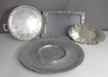 Vintage Hammered Aluminum Serving Tray & Platter Set  Floral & Textured Designs