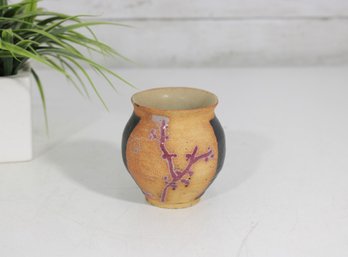Vintage Studio Pottery Vase 3.5'  Hand Thrown Signed Art Pottery W/ Abstract Branch Design