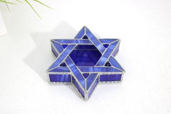 Blue Star Of David Glass Trinket Box  Decorative Stained Glass Style  6
