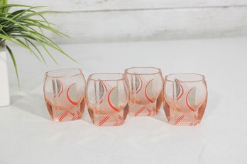 Set Of 4 Vintage Art Deco Shot Glasses 2.5'  Peach Glass W/ Geometric Design  Chips