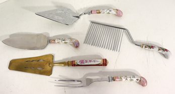 Lot Of 5 Vintage Decorative Serving Utensils With Hand Painted Handles