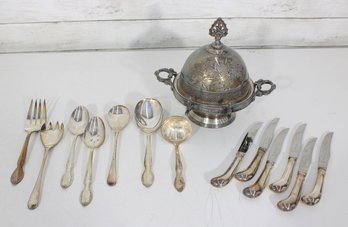 Vintage Silverplate Flatware & Serving Piece Mix Lot  Knives, Spoons, Forks & Lidded Dish  AS IS