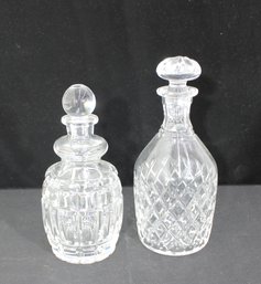 Set Of 2 Cut Glass Crystal Decanters W/ Stoppers  Vintage Barware  10.5 & 9.5
