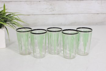 Set Of 6 Hand Painted Art Deco Shot Glasses 4' Tall  Green Stripe & Black Rim Barware