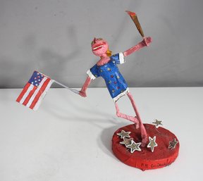 Patriotic Folk Art Sculpture By P.M. Gurard  Lady Liberty Figure With Flag & Torch  11' Tall
