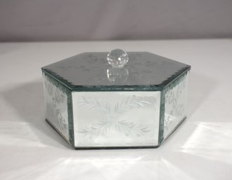 Vintage Mirrored Glass Box  Hexagonal With Etched Floral Design  3'H X 7'W