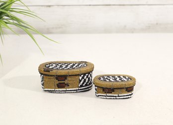 Pair Of Miniature Handwoven Beaded Oval Trinket Boxes With Lids – Black, White & Gold