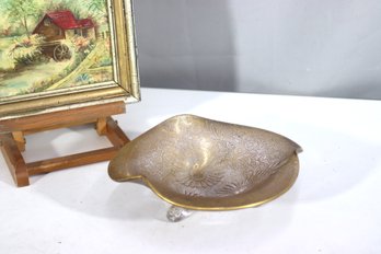 Etched Floral Brass & Glass Footed Dish  Vintage Decorative Bowl